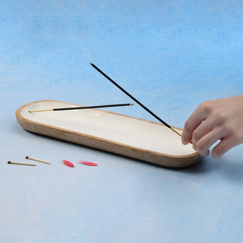 Folkulture Incense Holder for Home | Modern Incense Burner or Insence-Stick Holder for Gifts| Mango Wood Incense Tray Trough for Sticks 12 x 4 Inches, White - Image 2